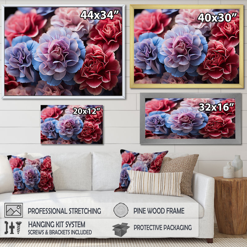 Marcellas " Carnations Field Vibrant III ", 12" H x 20" W, Black Floater Framed