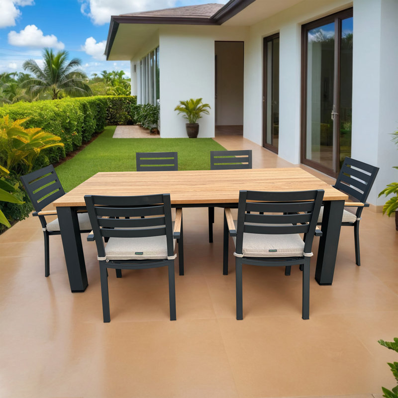 Lakehouse 7-Piece Black Aluminum Outdoor Dining Set with Rectangular Table and Cushions, Gray