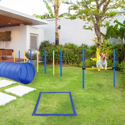 4pc Canine Training Obstacle Kit - Jump Hurdle, Tunnel, Pause Box, Weave Poles & Travelling Bag Blue/yellow. Strengthen Relationship Degree, Safe , Li