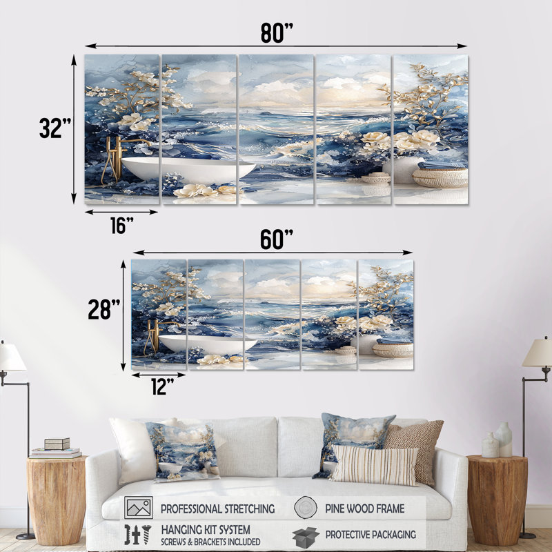 «Blue and White Bathroom Ocean Calm», ensemble de reproductions d'art mural pour salle de bain, H 28 po x l 60 po