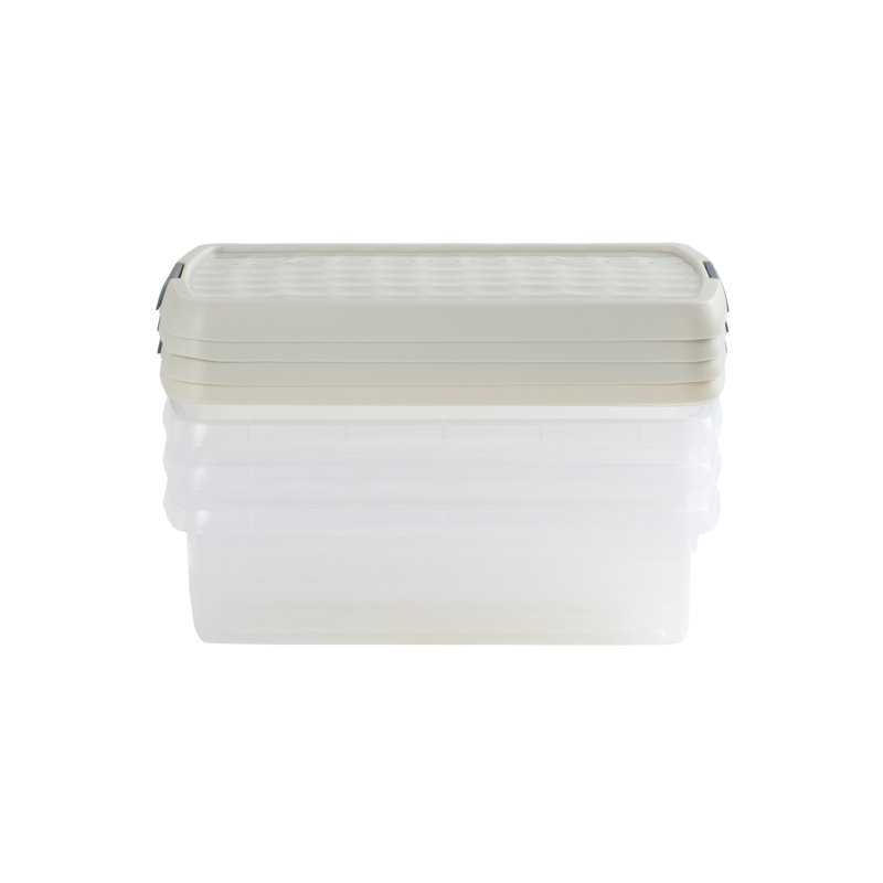 Wham Clip 4x 7L Rectangular Plastic Storage Boxes with Secure Clip Lock Lids. L:39 x W:24 x H:10.5cm Clear/Green Milieu/Stone