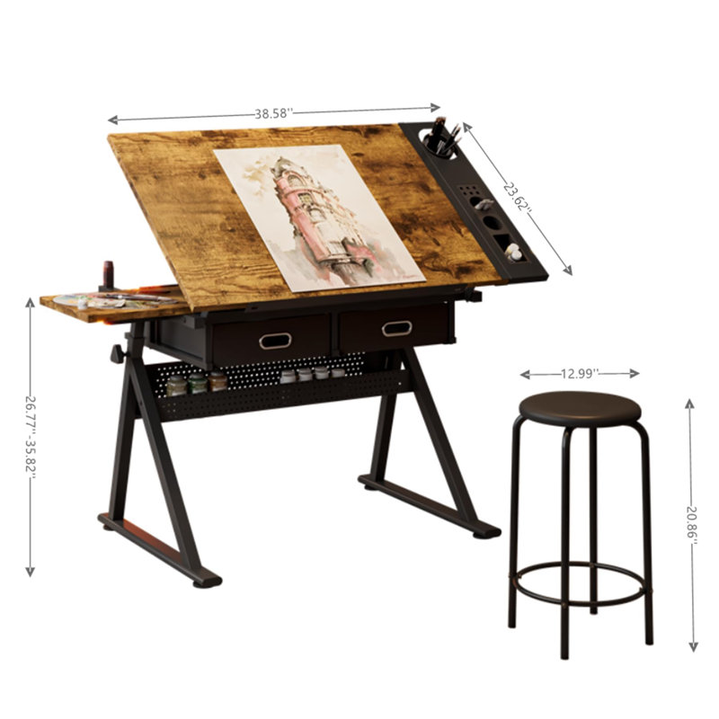 Table à dessin à hauteur réglable professionnelle avec tabouret, bureau de dessin inclinable à 0-75 ° avec 2 tiroirs de rangement pour la peinture, l'écriture et l'artisanat d'artiste