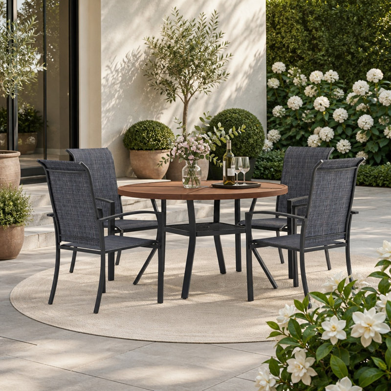 4-Person Round Patio Dining Set With Stackable Textilene Chairs, Brush Wood Brown/Black