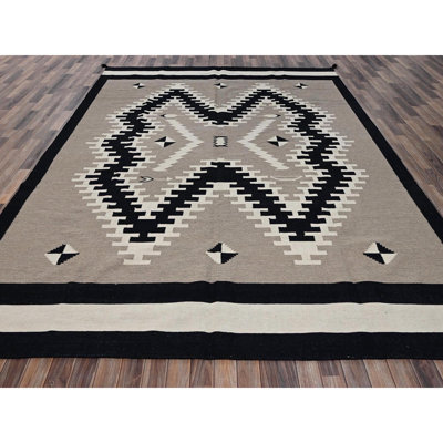 Tapis oriental tissé à la main 9 pi 1 po x 11 pi 9 po brun kaki, tissé à la main, motif géométrique 100% laine tissé à la main