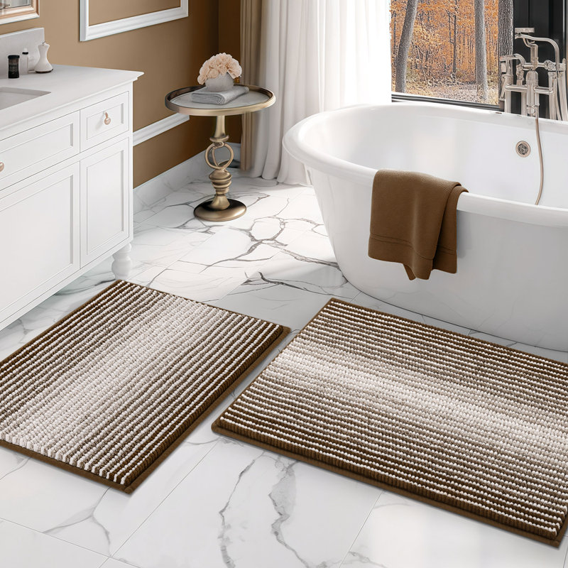 Machine Washable Non‑Slip Shaggy 2‑Piece Bathroom Rug Set, Brown, 20" x 32" Plus 16" x 24"