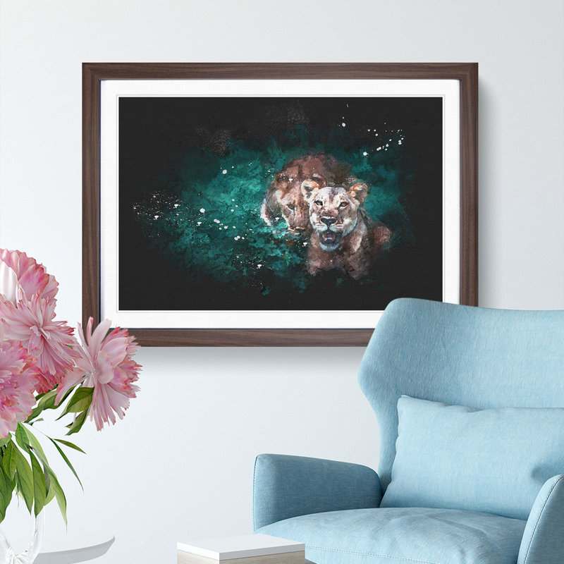 Two Lions in the Shadows - Picture Frame Graphic Art Print, 62cm H x 87cm W x 2cm D, Walnut Framed
