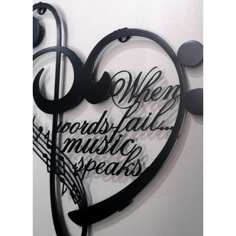 Metal Notes and Heart Wall Art, When words fail music speaks, Metal Wall Decor for Musician Gift, Matte Black