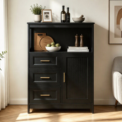 Modern Kitchen Storage Cabinet with 3 Drawers & Door, Solid Wood Feet