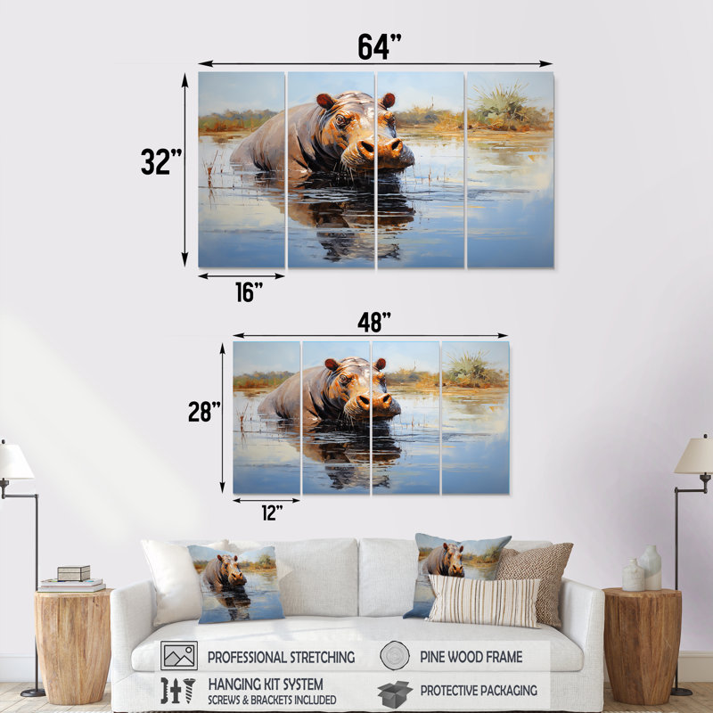 Hippopotame gris, "Daydreames III" - Hippopotame gris, 4 pièces, pour le salon, H 32 po x l 64 po