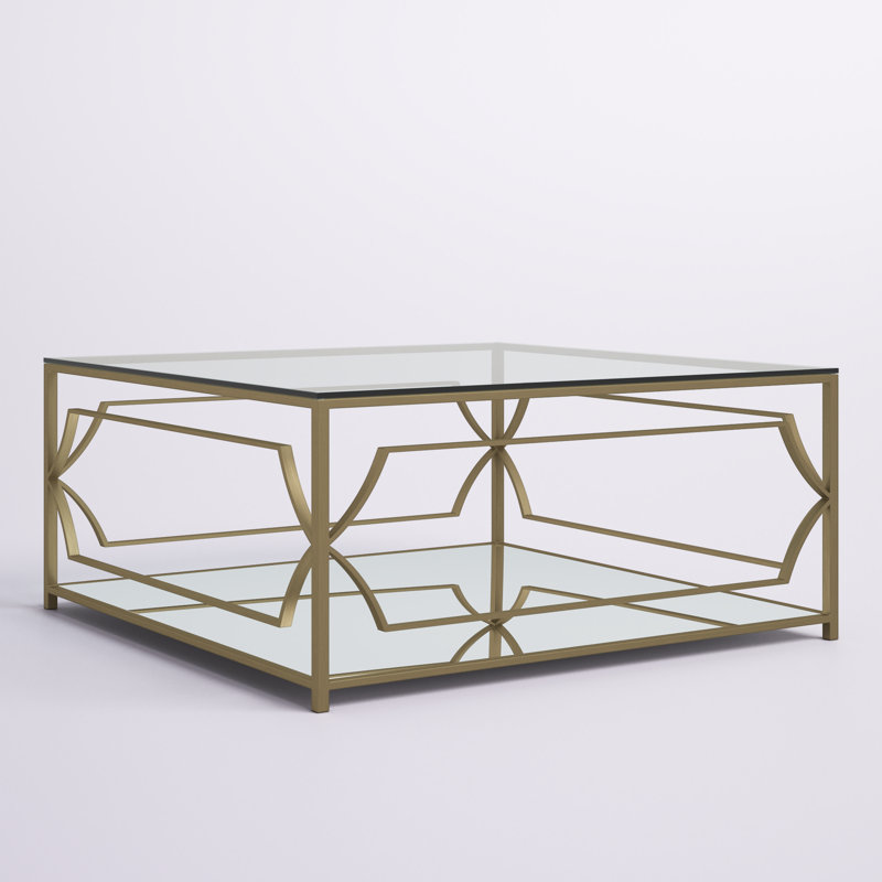 Pangea Home Edward Square Coffee Table - 4 Legs Modern/Glam Coffee Table with Storage - Modern Square Coffee Table – Tempered Glass Top with Brass Steel Frame for Living Room, Bedroom, and Office - Brass Square Coffee Table