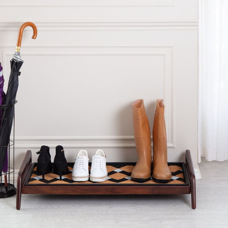 Premium Solid Wood Boot Tray Stand with Natural Coir Mat - Entryway & Mudroom Shoe Organizer, Dark Brown, Tier 1