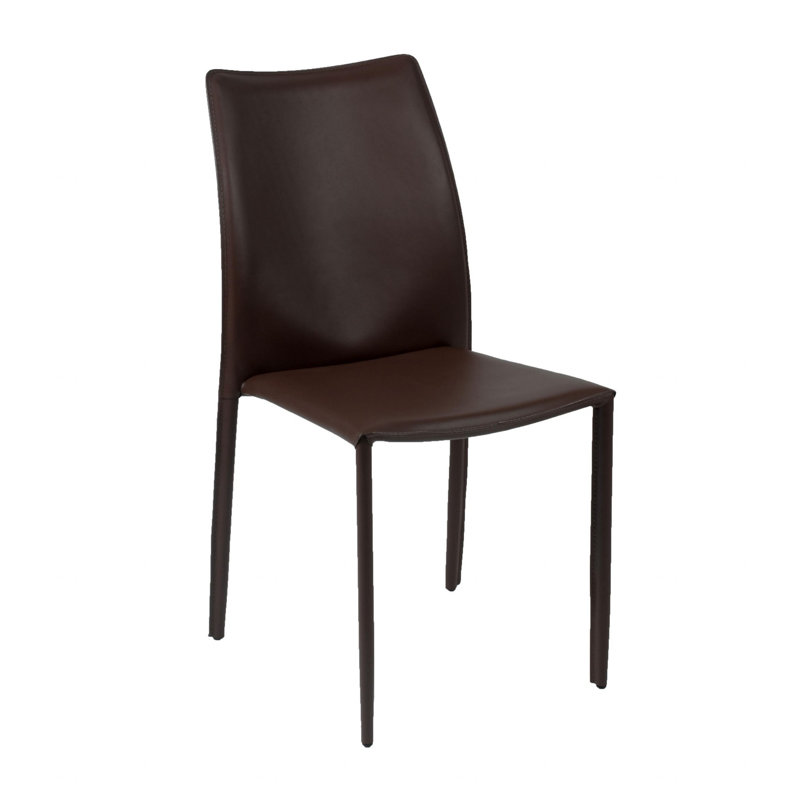 Two Pieces of Irmingard Premium All Black Leather Match Stacking Dining Chairs, Dark Brown, Dark Brown