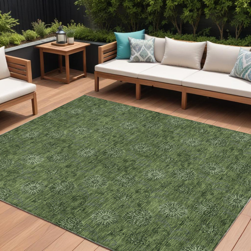 Tapis vert olive à motif floral 10 pi x 14 pi intérieur et extérieur lavable