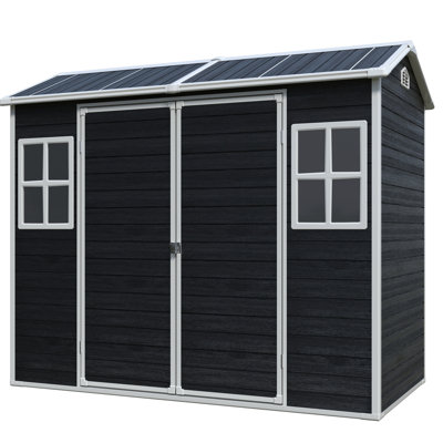 Remise de rangement extérieure 8 pi x 4 pi pour jardin, patio, cour, pelouse, plastique noir, double porte, poignées en résine verrouillables, panneaux muraux multiples, fenêtres latérales, circulation d'air, plastique à assemblage simple