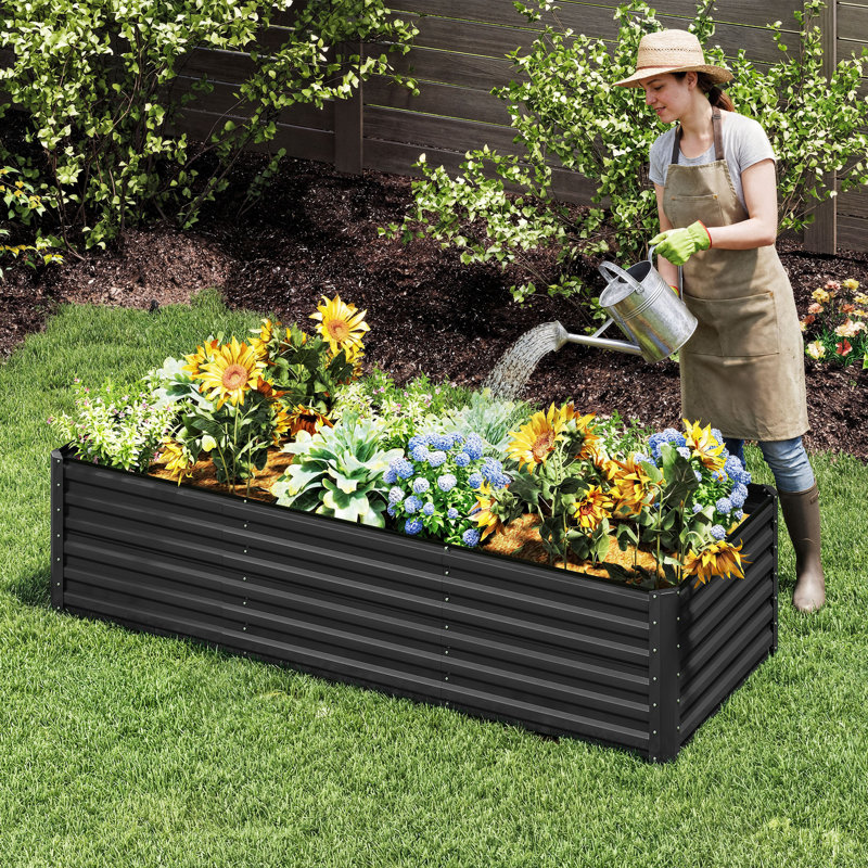 Galvanized Raised Garden Bed With Gloves, Black, 24" H x 96" W x 48" D