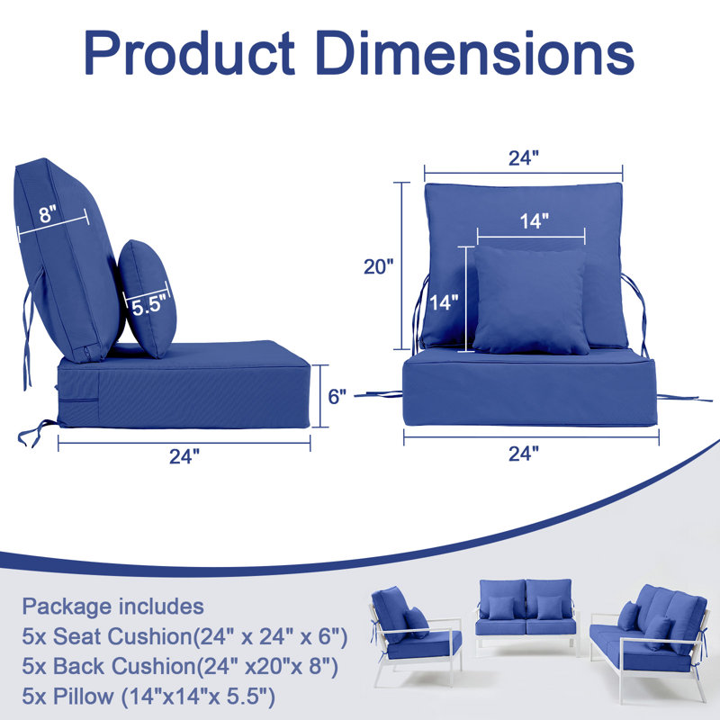 Outdoor Chair Cushions 24 x 24  x 6  Inch, Outdoor Replacement Cushion Set of 5, Back & Seat Patio Cushions for Outdoor Furniture,  Weather Resistant Patio Chair Cushions with Removable Cover and Straps, Navy Blue