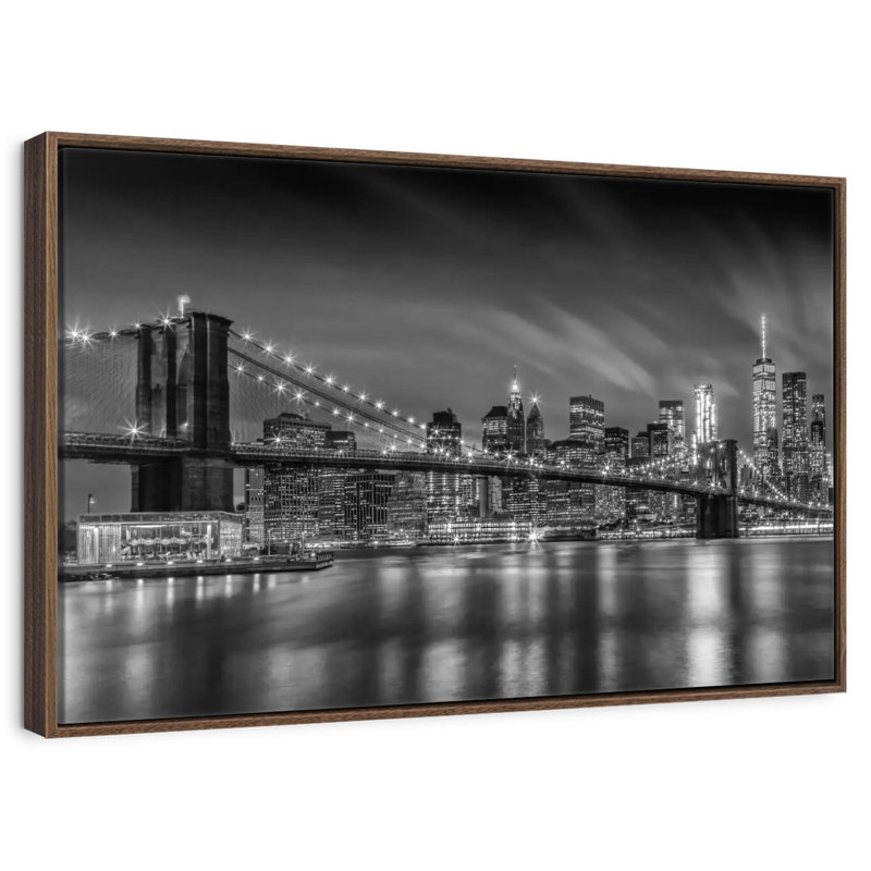 Brooklyn Bridge Nightly Impressions, 25 po x 17 po, Cadre flottant noyer