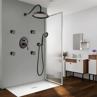 Système de douche mural moderne avec pomme de douche à pluie, douche à main et jets de corps multifonctionnels