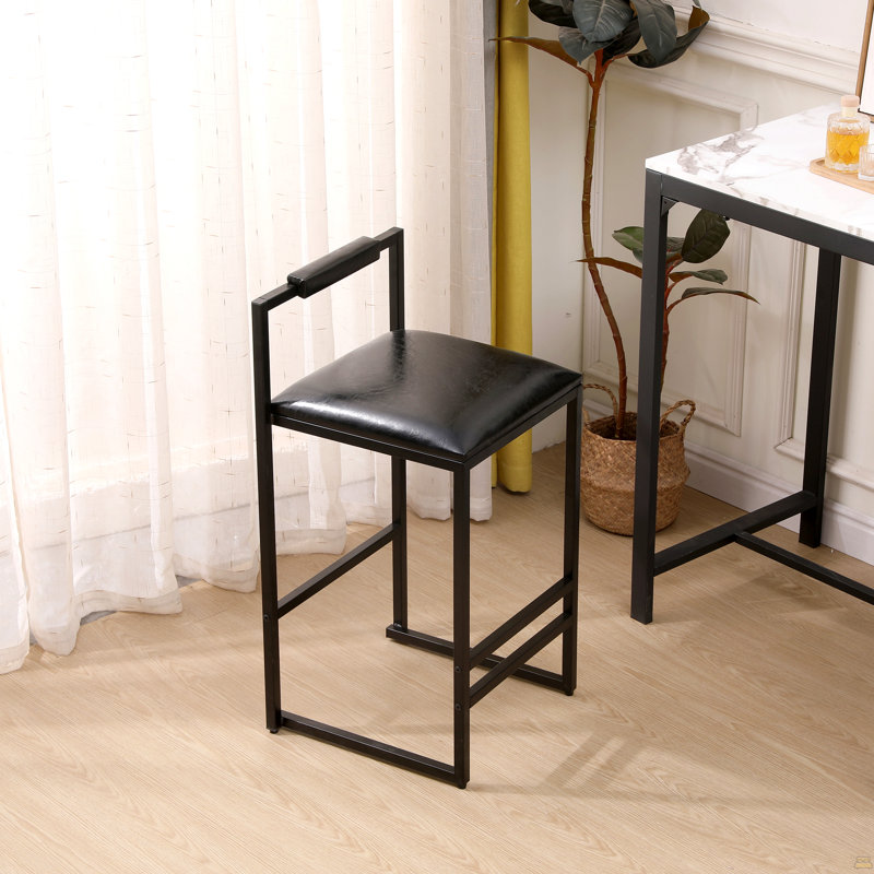 Black Bar Stool With Backrest Set Of 2 Counter Height PU Leather Upholstered Bar Chairs With Footrest