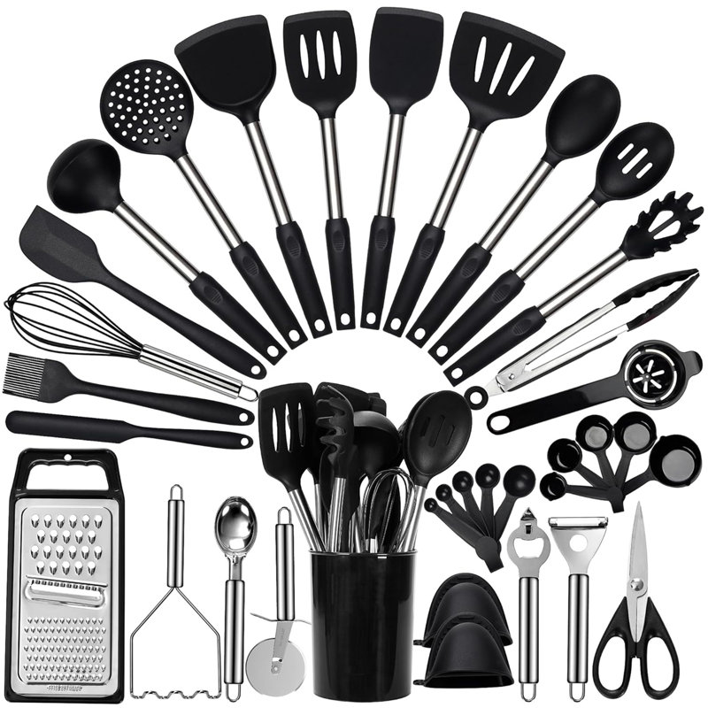 35 Pcs Silicone Cooking Utensil Set,stainless Steel Kitchen Utensils Set,non-stick Heat Resistant,black