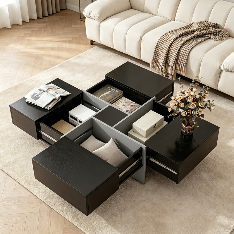 Table basse carrée extensible moderne avec tiroirs de rangement, table basse noire lustrée 31,5 po avec casse-têtes, table centrale extensible multidirectionnelle avec compartiments de rangement cachés pour le salon