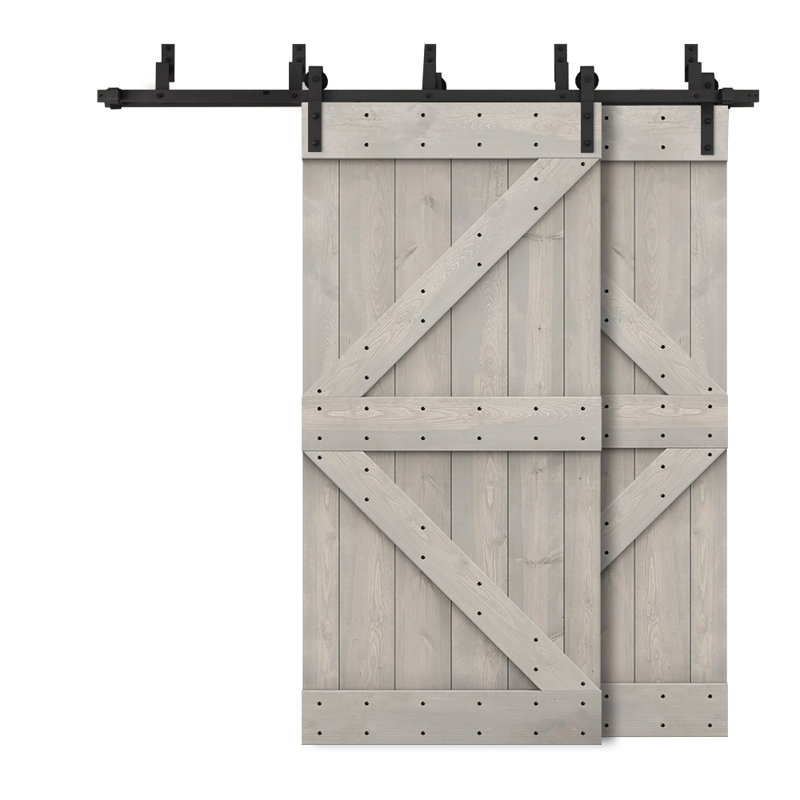 Porte de grange à panneaux et en bois avec quincaillerie d'installation, 92 po x 84 po, Argent/Gris