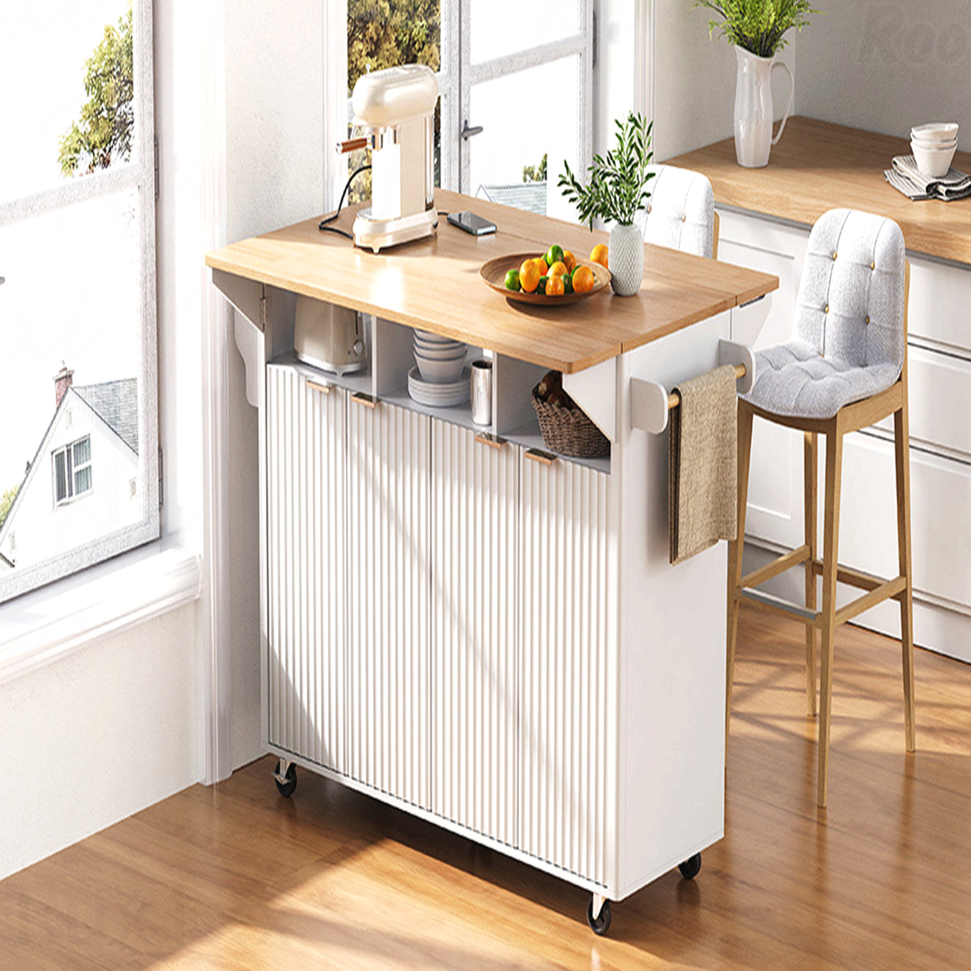 Latitude Run® 55.5" Fluted Kitchen Island With 2 Drop Leaf, Kitchen ...