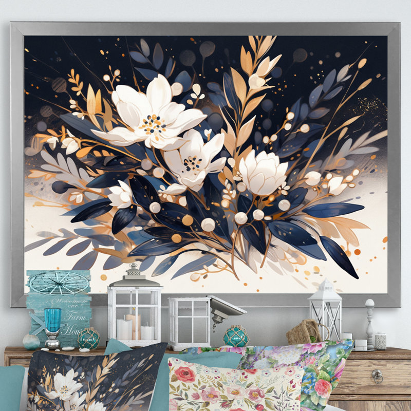 «Blue White Wildflower Meadow», reproduction sur toile, H 16 po x l 32 po x P 1 po, Cadre photo argenté