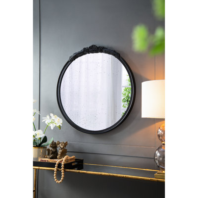 Cadre de miroir rond noir avec détail rose à la main, 30 po x 30 po, pour cadre d'espace de vie, noir, salle de bain idéale, espace, entrée