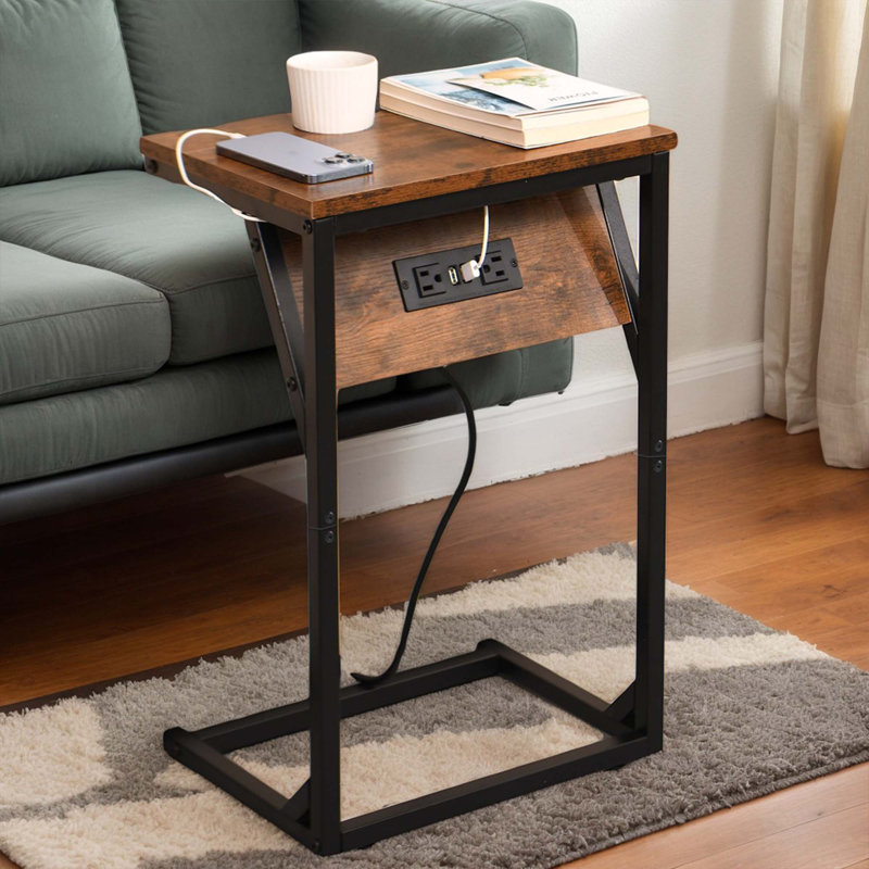 1 Pcs C-Shaped End Table With Charging Station. Nightstand With USB Ports And Outlets, Couch Side Table, Industrial Night Stands. Suitable For Various Interior Spaces, Perfect For Small Spaces, Tables On Sale Clearance, Rustic Brown