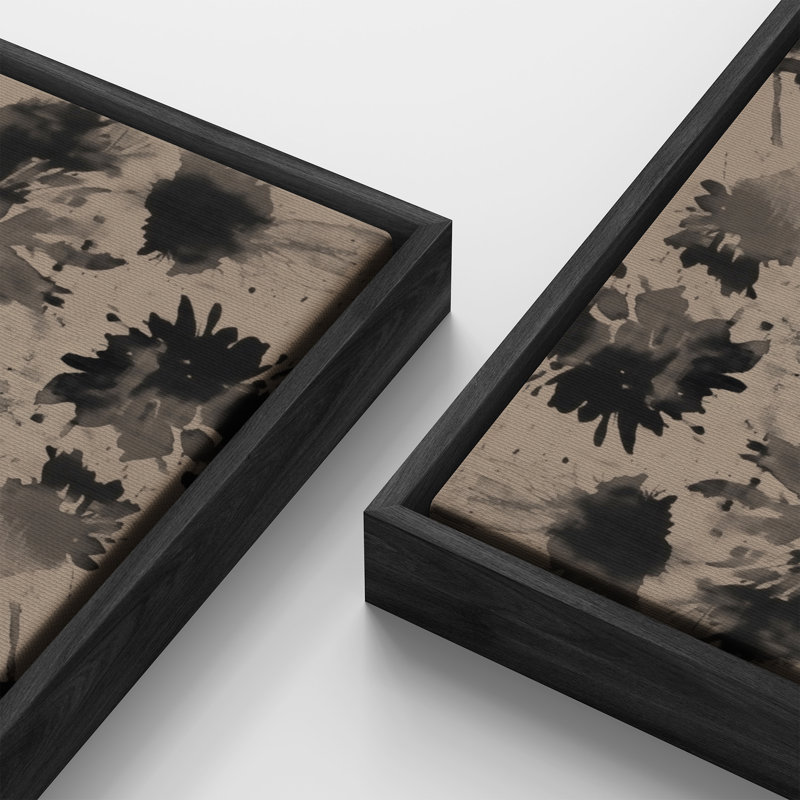 Motif floral moderne à l'encre moderne - motif abstrait botanique noir et taupe - grande impression encadrée sur toile de la chambre principale