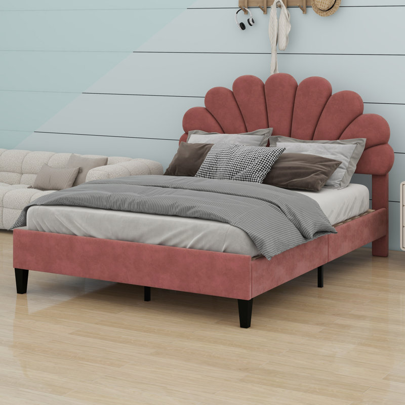 Lit plateforme tapissier avec tête de lit à motif floral, Pâte de haricots rouge, Grand lit