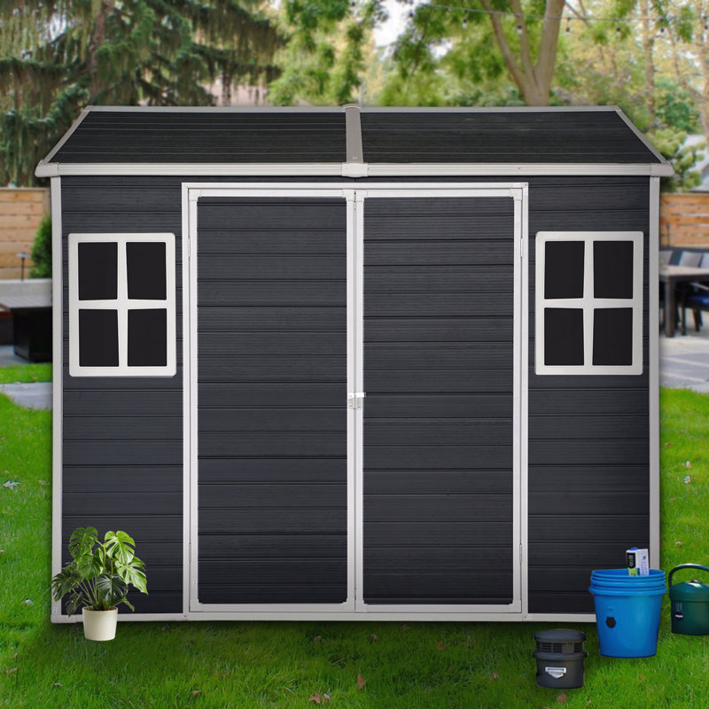 Remise de jardin extérieure en résine 8 pi x 4 pi avec plancher et 2 fenêtres, remise extérieure en plastique pour patio avec porte verrouillable