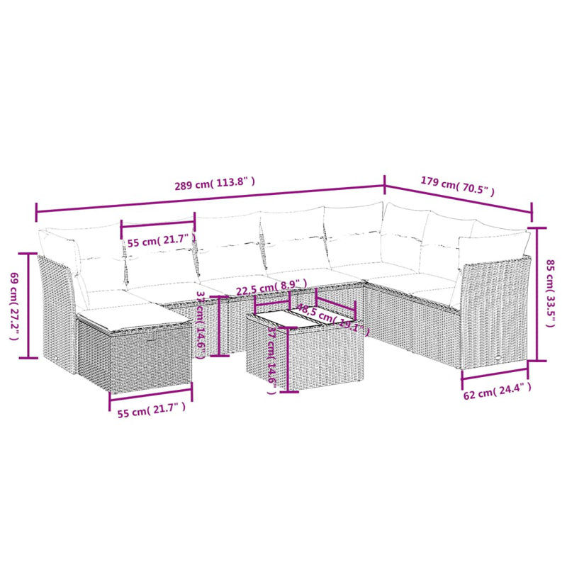  Ensemble de canapé de patio 9 pièces avec coussins en rotin de polyester gris, Gris, Marine