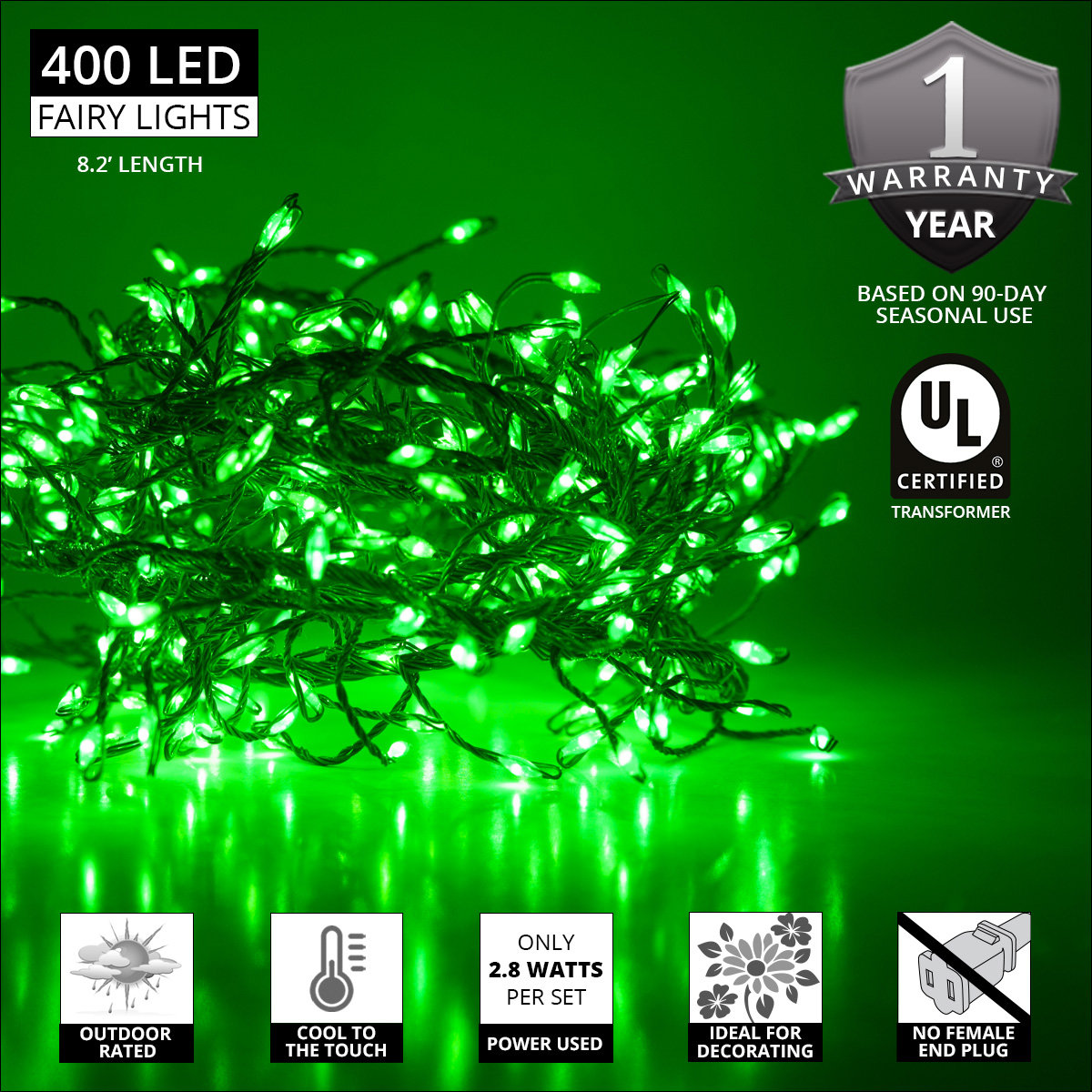 96'' LED String Lights, Green