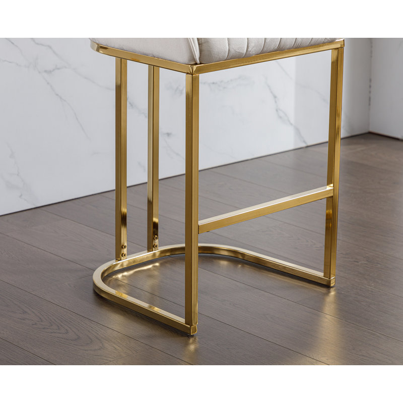 Beige Velvet Upholstered Counter Stools with Gold Metal Base, Set of 2