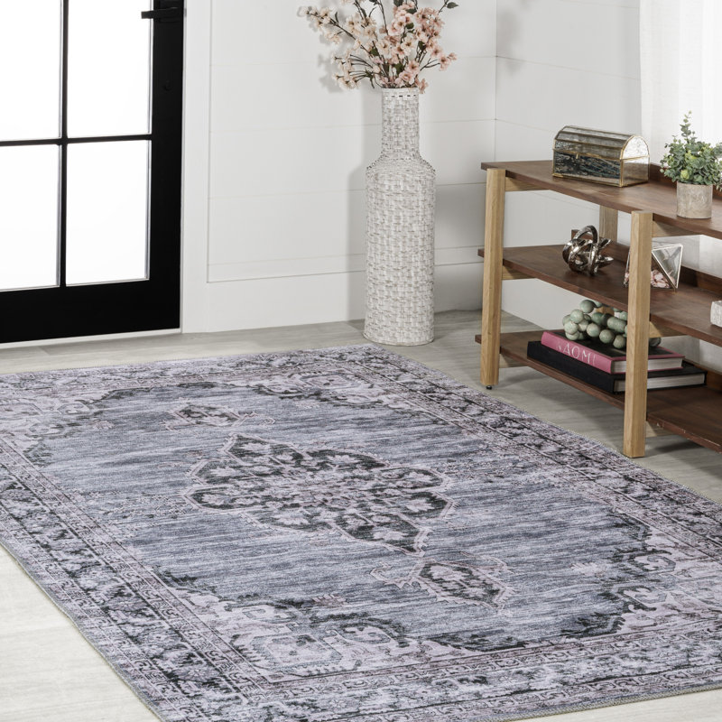 Tapis bleu marine / gris / noir Haruyoshi Chenille Cottage Medallion, Rectangle 7 pi 10 po x 10 pi