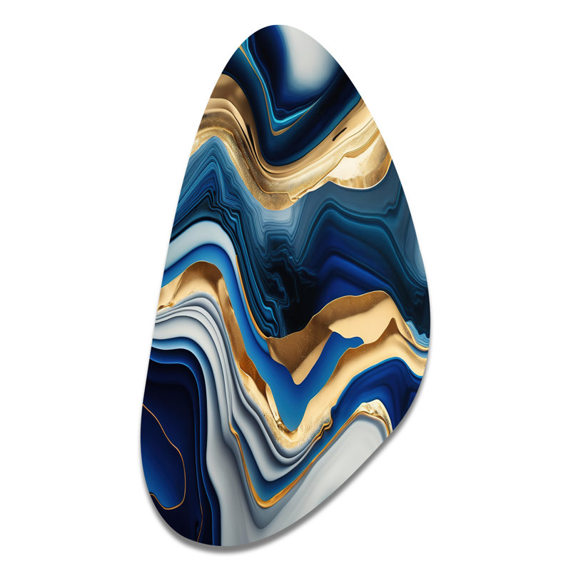 Vibrant Blue And Gold Agate II - Transitional Asymmetrical Metal Wall Art for Living Room, Modern Irregular Shape Metal Art Print