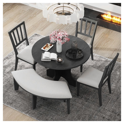 TREXM Rustic Round Dining Set with 3 Upholstered Chairs and 1 Bench, Beige and Grey
