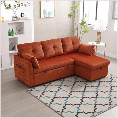 Modular L-Shaped Corduroy Sofa with Reversible Chaise &amp; Storage for Living Room | Corduroy | Wood | Cushion Back