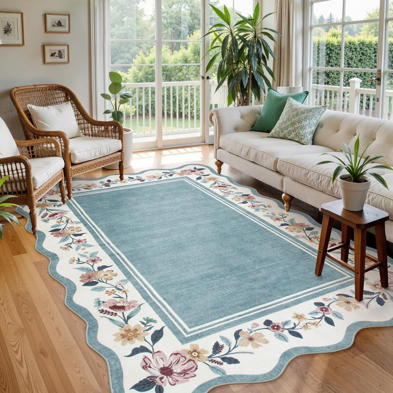  Floral Scalloped Rug Vintage Boho Washable Area Rug Soft Bedroom Rugs Non-Slip Throw Carpet, Rectangle 5' x 7'
