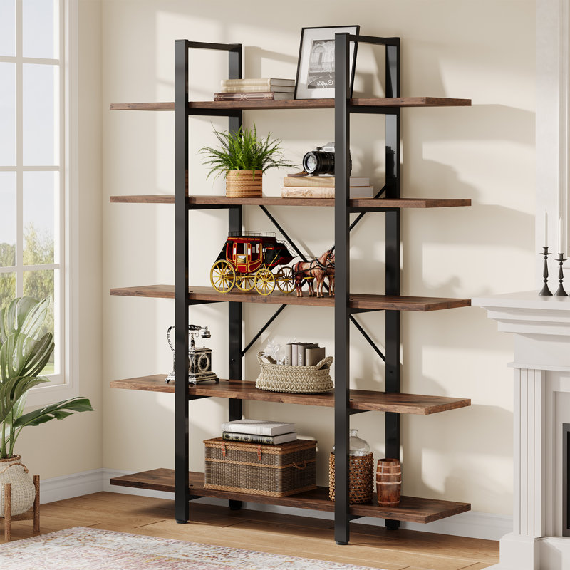 Industrial 5-Tier Bookcase, Metal Frame Open Shelf With X-Back Design, 71" Tall Storage Shelves For Living Room, Home Office