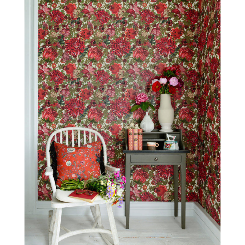 Transylvanian Roots Floral Wallpaper Roll, Red/Green