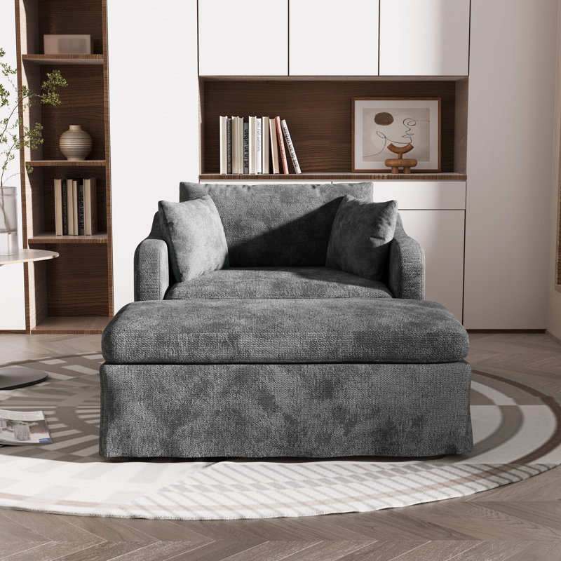Oversized Upholstered Slipcovered Armchair Comfy Couch Sofa With Ottoman, Charcoal