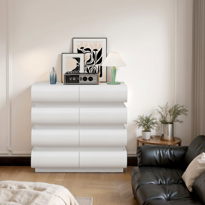 Commode 8 tiroirs pour chambre à coucher, commode sans poignée, commode moderne 8 tiroirs avec rangement large, Blanc