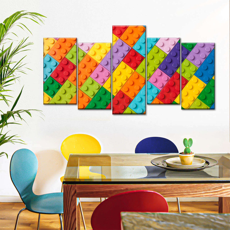 Colorful Legos - 5 pièces sur toile tendue, H 27 po x l 54 po x P 1,25 po