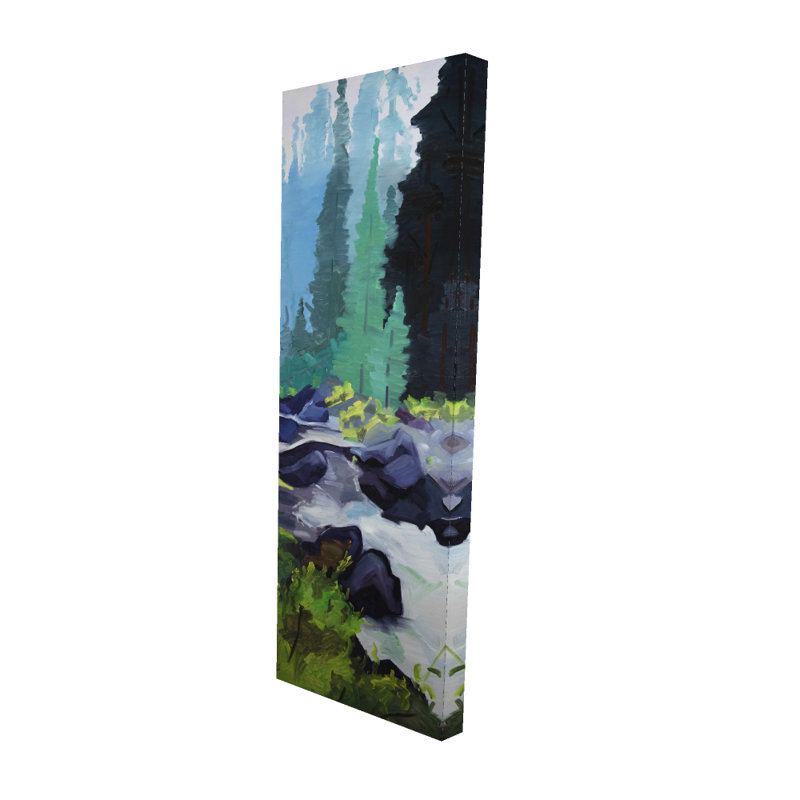 Belle cascade sur toile | Art d'arbres bleus pour la décoration intérieure, H 16 po x l 48 po
