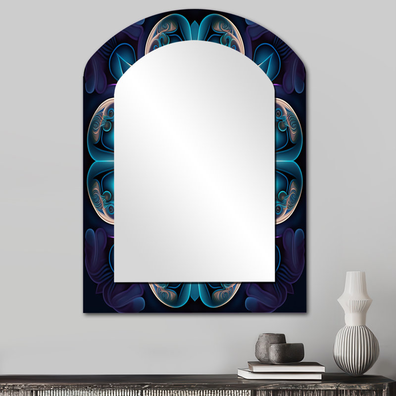 Celestial Mandala In Mysterious Purple & Blue IV - Boho Mandala Asymmetrical Mirror, Blue Arch Unique Wall Mirror, Printed Metal Art