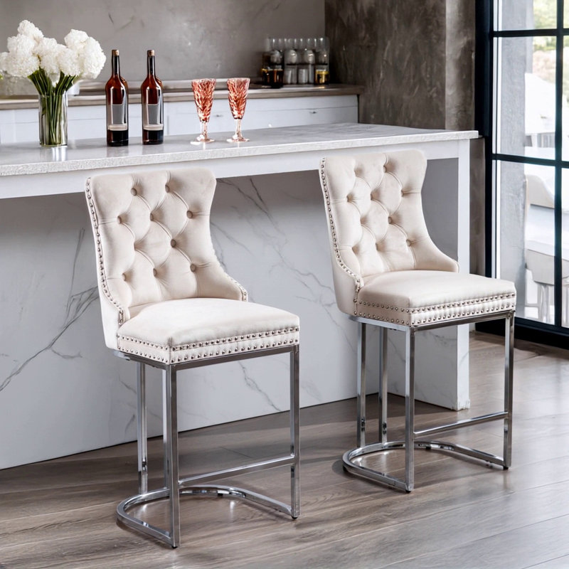 Ensemble de 2 tabourets de bar 26 po, Velours beige
