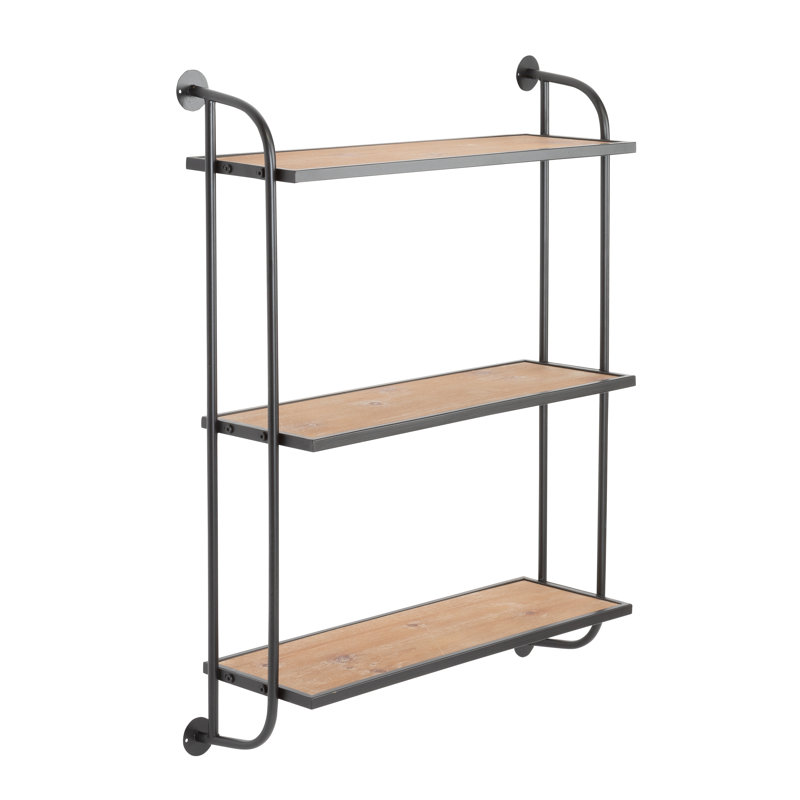 Emery Wood & Metal 3 Tier Wall Shelf, 34" H x 26" W x 8" D, Black